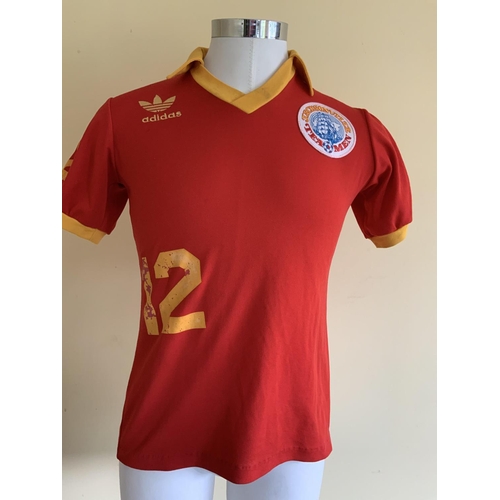 14 - 1981 Tony Brown Jacksonville Tea Men USA Match Worn Football Shirt: Red with yellow trim short sleev... 