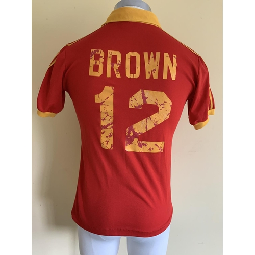 14 - 1981 Tony Brown Jacksonville Tea Men USA Match Worn Football Shirt: Red with yellow trim short sleev... 