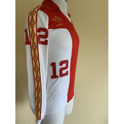 15 - 1980 Tony Brown New England Tea Men USA Match Worn Football Shirt: White and red long sleeve number ... 