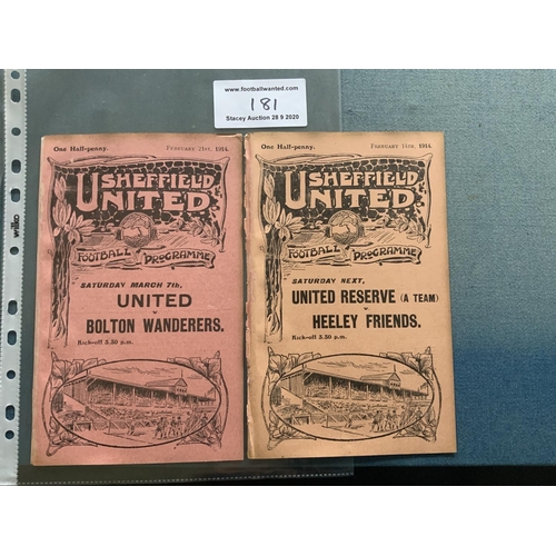 181 - 1913/14 Sheffield United + Wednesday Football Programmes: Good condition 4 pagers from the last seas... 