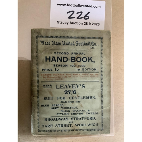 226 - 1901/02 West Ham Football Handbook: Very good condition with some results filled in inside. Spine in... 