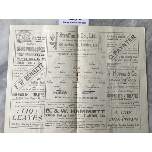 238 - 1926/27 West Ham v Bolton Wanderers Football Programme: Very good condition dated 26 3 1927 with tea... 