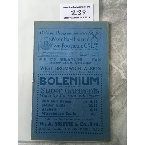 239 - 1926/27 West Ham v West Brom Football Programme: Very good condition dated 19 2 1927 with one team c... 