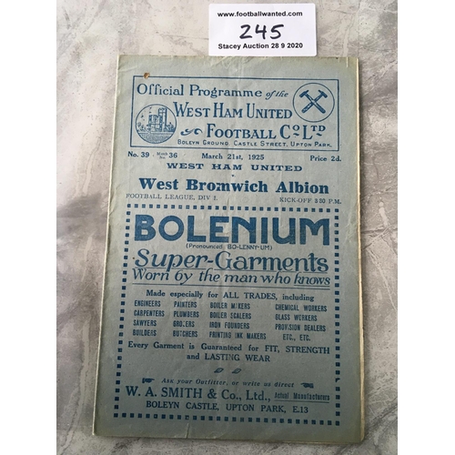 245 - 1924/25 West Ham v West Brom Football Programme: Very good condition dated 21 3 1925 with no team ch... 