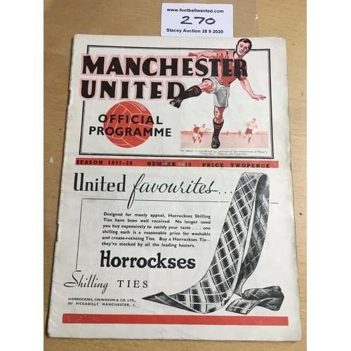 270 - 37/38 Manchester United v Fulham Football Programme: League match dated 12 3 1938. Tiny split on spi... 