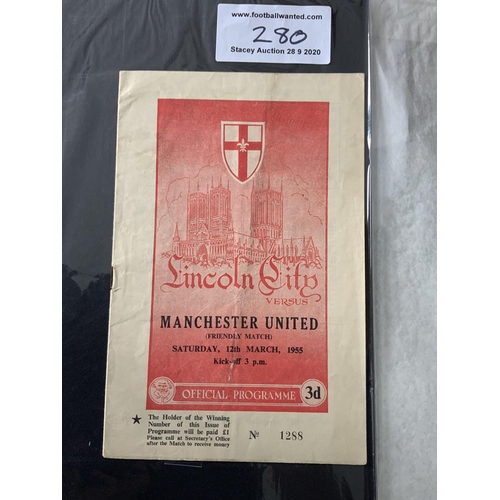 280 - 54/55 Lincoln City v Manchester United Friendly Football Programme: Good condition with no team chan... 