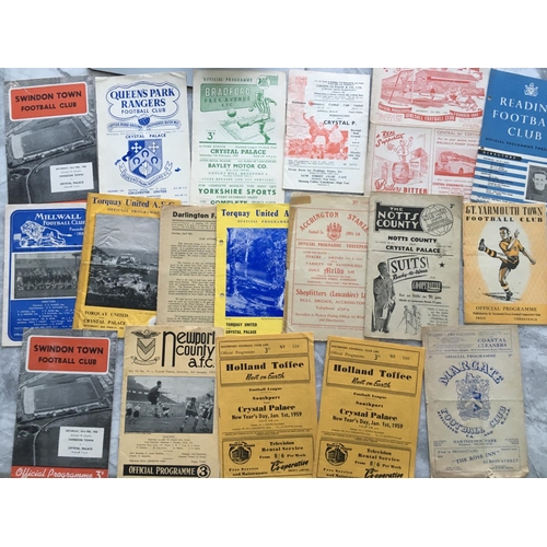 37 - Crystal Palace 1950s Football Programmes: 46 homes and 18 aways in mixed conditions. Includes Margat... 