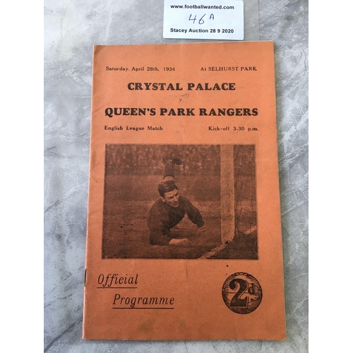 46A - 33/34 Crystal Palace v QPR Football Programme: Dated 28 4 1934 in very good condition with no team c... 