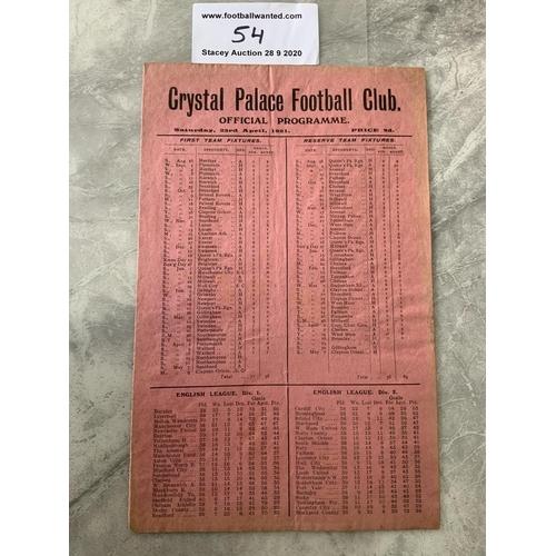 54 - 1920/21 Crystal Palace v Northampton Football Programme: Dated 23 4 1921 in very good condition with... 