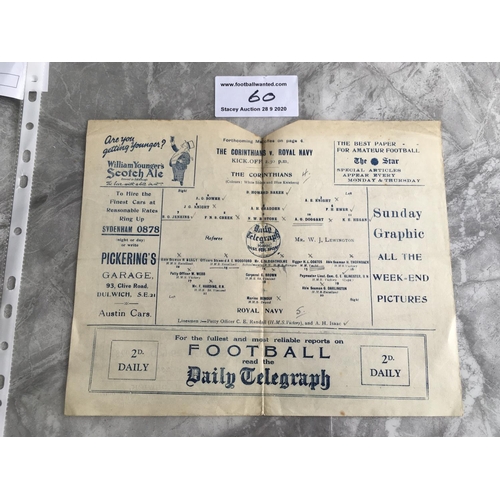 60 - 28/29 At Crystal Palace Corinthians v Royal Navy Football Programme: Four pager dated 29 12 1928 has... 