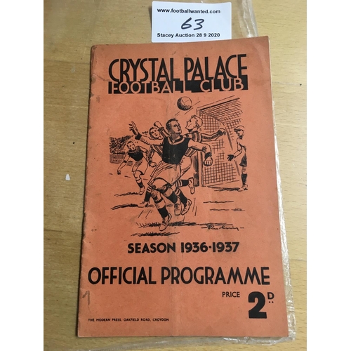 63 - 36/37 Crystal Palace v Brighton Football Programme: League match dated 13 3 1937. Staples have ruste... 