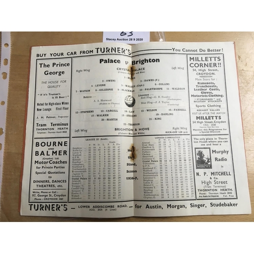 63 - 36/37 Crystal Palace v Brighton Football Programme: League match dated 13 3 1937. Staples have ruste... 