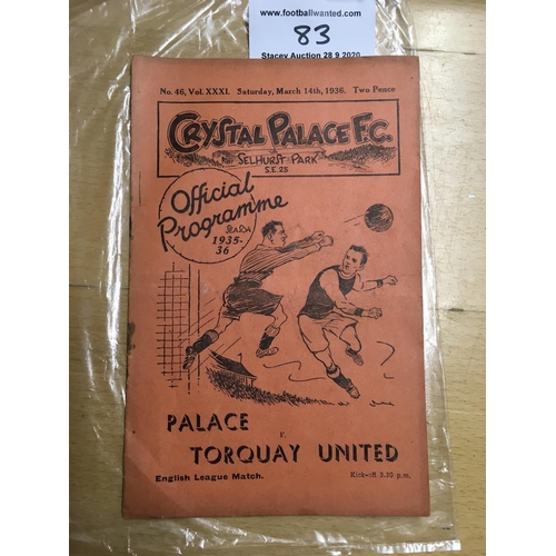 83 - 35/36 Crystal Palace v Torquay United Football Programme: Dated 14 3 1936 in  good condition with no... 