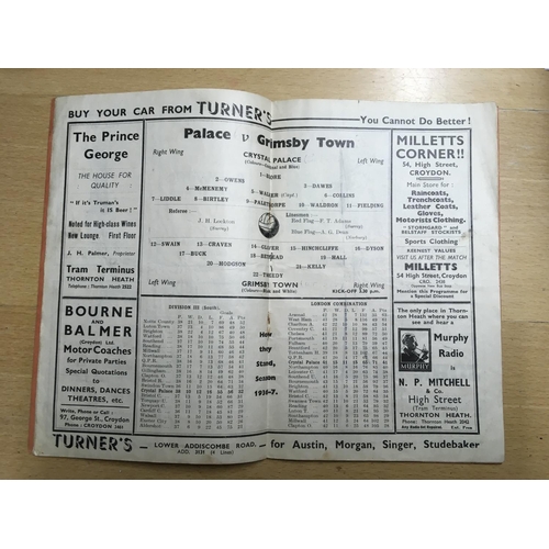 87 - 36/37 Crystal Palace v Grimsby Town Football Programme: Dated 10 4 1937 in  good condition with no w... 