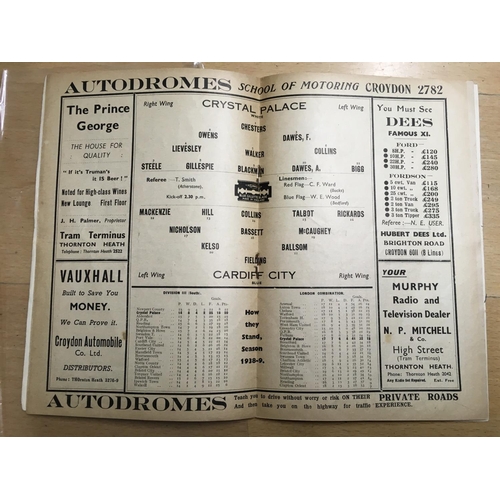 93 - 38/39 Crystal Palace v Cardiff City Football Programme: Dated 19 11 1938 in good condition with no w... 