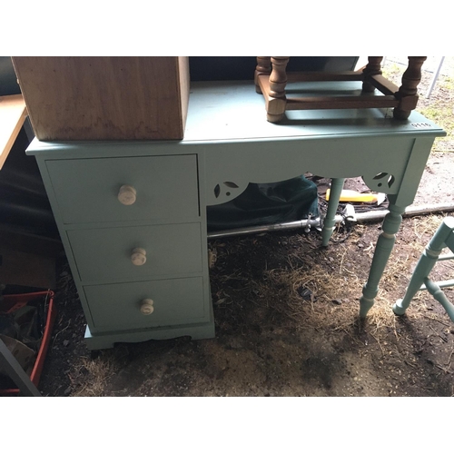 116 - A green painted dressing table matching side table and ladder back chair (3)