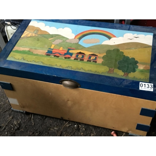 133 - A childrens toy box the top with a train and rainbow decoration 73x42cm