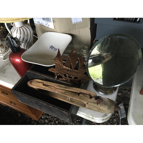 18 - A set of beam balance scales with weights and enamel pan a table mirror soda syphon and other oddmen... 