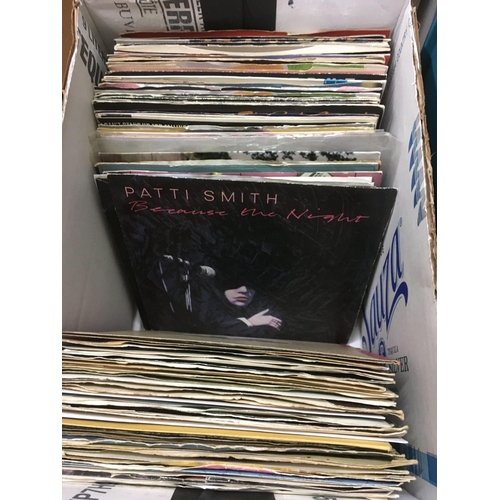 185 - Two boxes of LPs and 7 inch singles by various artists including Patti Smith, The Jam, Queen and oth... 