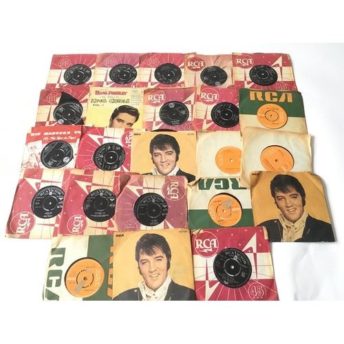 202 - A record box containing Elvis Presley 7inch singles and EPs and seven Elvis monthly magazines.