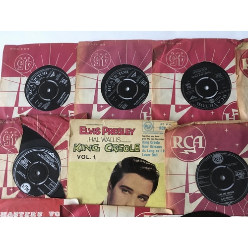 202 - A record box containing Elvis Presley 7inch singles and EPs and seven Elvis monthly magazines.