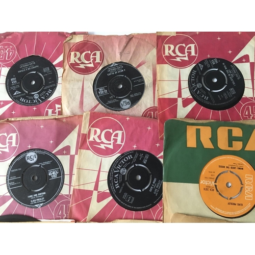 202 - A record box containing Elvis Presley 7inch singles and EPs and seven Elvis monthly magazines.