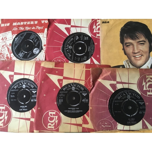 202 - A record box containing Elvis Presley 7inch singles and EPs and seven Elvis monthly magazines.