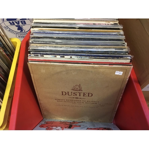 214 - A box of LPs and 12 inch singles by various artists including George Harrison, T Rex, Scorpions and ... 