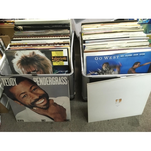 326 - Two record cases of LPs and 12 inch singles by various artists including David Bowie, Pet Shop Boys,... 