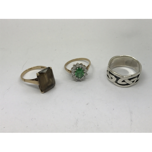 40 - 2 9ct dress rings and 1silver Celtic design ring.