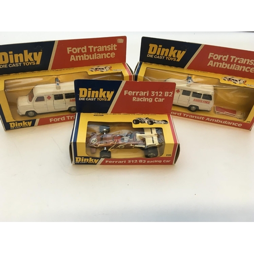 1924 - 2 x Dinky Ford Transit Ambulance and a Ferrari 312/B2 Racing car #226, all boxed.