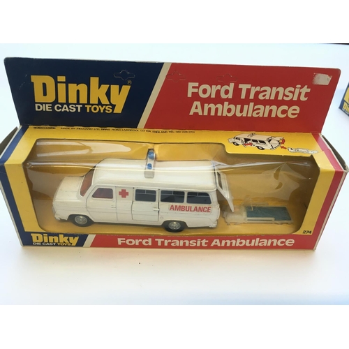 1924 - 2 x Dinky Ford Transit Ambulance and a Ferrari 312/B2 Racing car #226, all boxed.