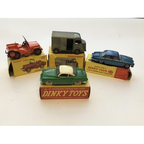 1929 - A Dinky universal Jeep #405, a Camionnette Citroen 1200 kg #25c, a Jaguar Mark x #142 and a Volkswag... 
