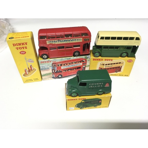 1940 - A Dinky Petrol Pump Station 'Esso' #781, a Routemaster bus 'Schweppes' #289, a Double Deck bus #290 ... 