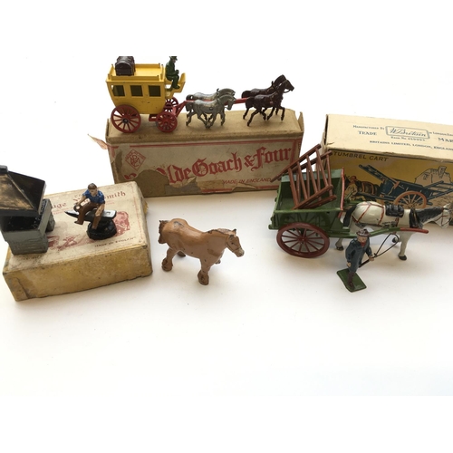 1948 - A Britains Tumble cart #4f, a Miniature Models Village Blacksmith and a P.M.C Coach Driver and four ... 