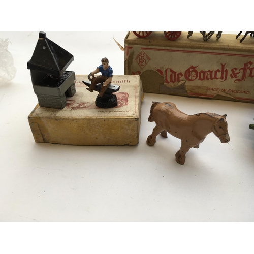 1948 - A Britains Tumble cart #4f, a Miniature Models Village Blacksmith and a P.M.C Coach Driver and four ... 
