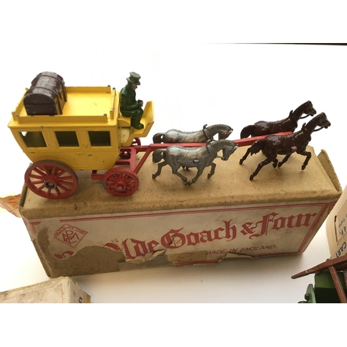 1948 - A Britains Tumble cart #4f, a Miniature Models Village Blacksmith and a P.M.C Coach Driver and four ... 