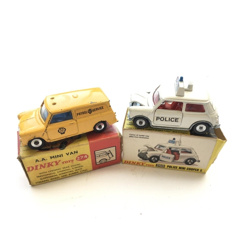 1974 - A Dinky A.A. Mini van #274 and a Police Mini Cooper S #250 both boxed.