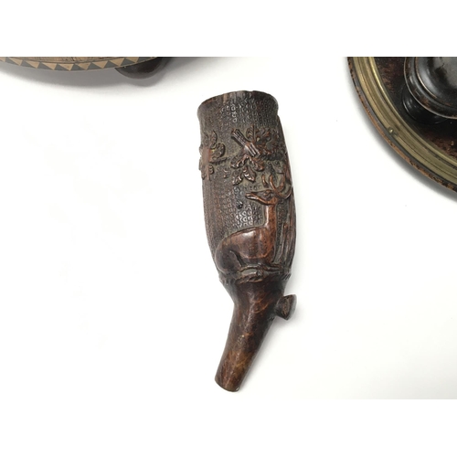 2 - A pair of oak barley twist candle sticks a stool a carved Black Forest type pipe and a smokers compa... 