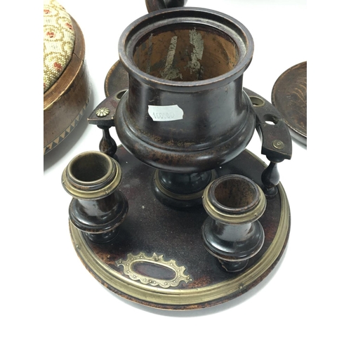 2 - A pair of oak barley twist candle sticks a stool a carved Black Forest type pipe and a smokers compa... 