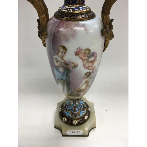 1003 - A 19th century sevres style enamel vase finely detailed with figures and cherubs in a landscape view... 