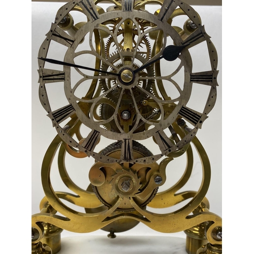 1005 - A Victorian brass skeleton clock with fusee movement, with original glass dome and Italian white mar... 