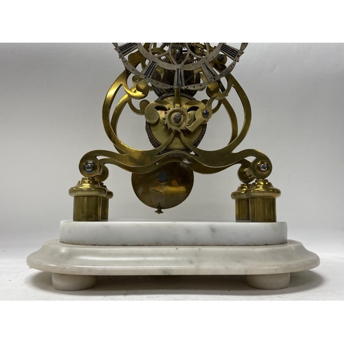 1005 - A Victorian brass skeleton clock with fusee movement, with original glass dome and Italian white mar... 