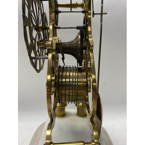 1005 - A Victorian brass skeleton clock with fusee movement, with original glass dome and Italian white mar... 