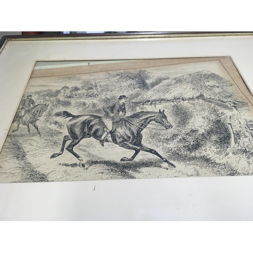 1028 - A set of four hunting prints and a framed coaching scene.