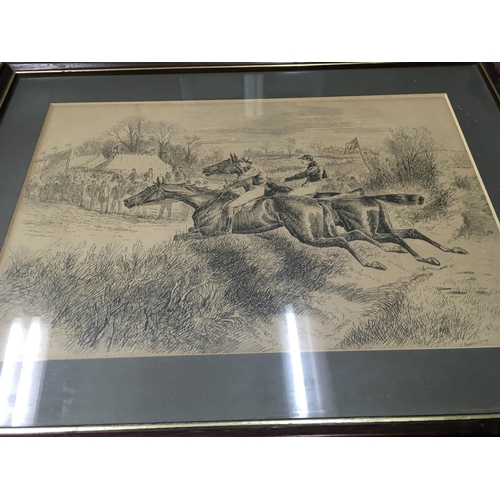 1028 - A set of four hunting prints and a framed coaching scene.