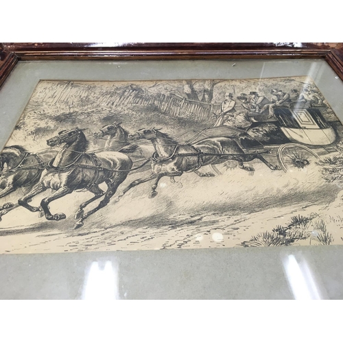 1028 - A set of four hunting prints and a framed coaching scene.