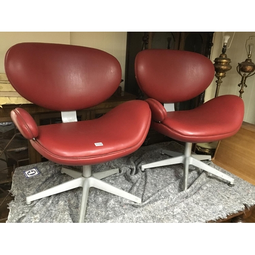 1355 - WITHDRAWN A pair of modern design wide seated single arm easy chairs with grey enamel metal bases po... 