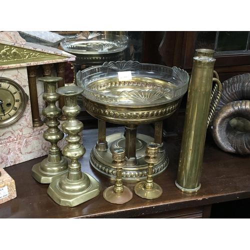 1845 - A brass comport with a glass dish, brass shell cases and other brass ware.