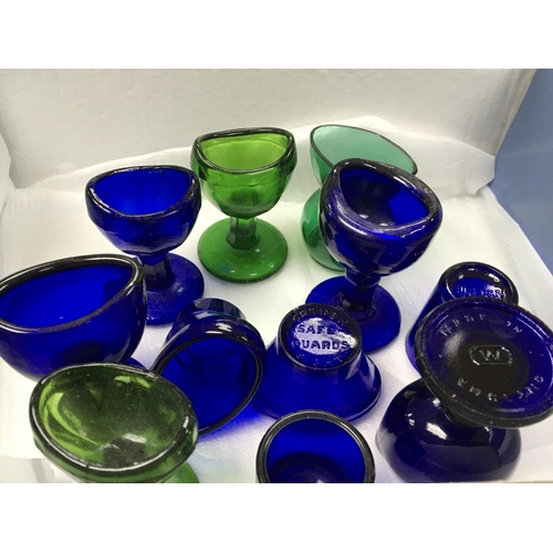 1863 - A collection of Bristol blue and green antique eye wash glasses some  stamped made in England (10)